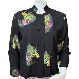 Vintage Harari Black Blouse Silk Asian Print Frogs Lotus Flowers Yellow , Small